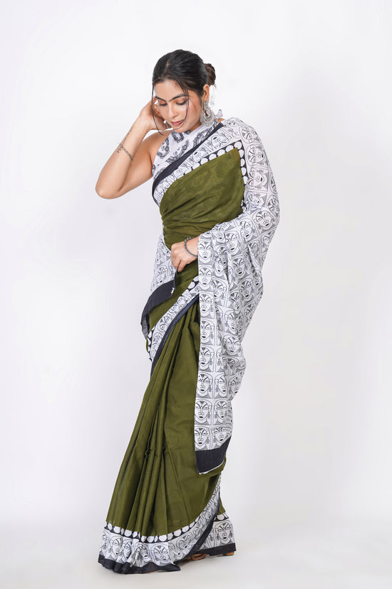 Bagru Print Mulmul Cotton Saree – Contemporary Face Print