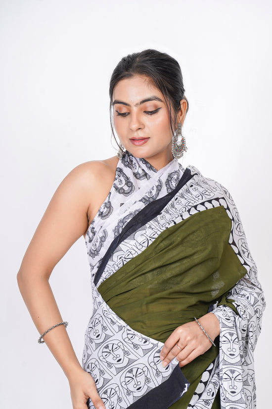Bagru Print Mulmul Cotton Saree – Contemporary Face Print