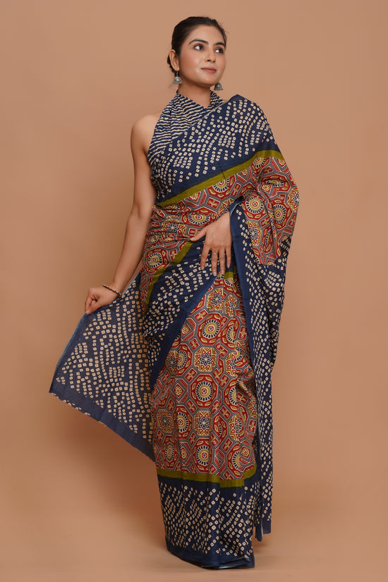 Bagru Print Mulmul Cotton Saree – Amethyst Flora