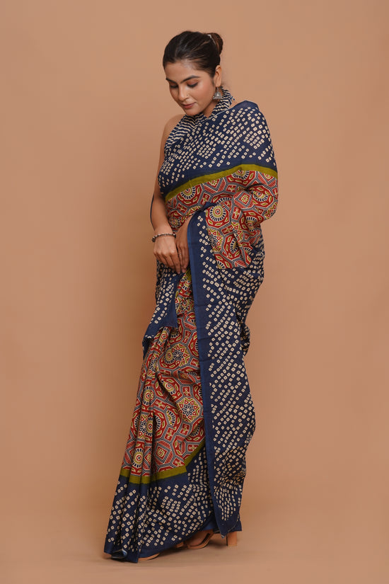 Bagru Print Mulmul Cotton Saree – Amethyst Flora