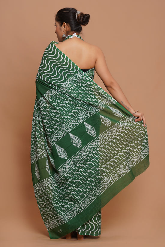 Bagru Print Mulmul Cotton Saree – Green Charm