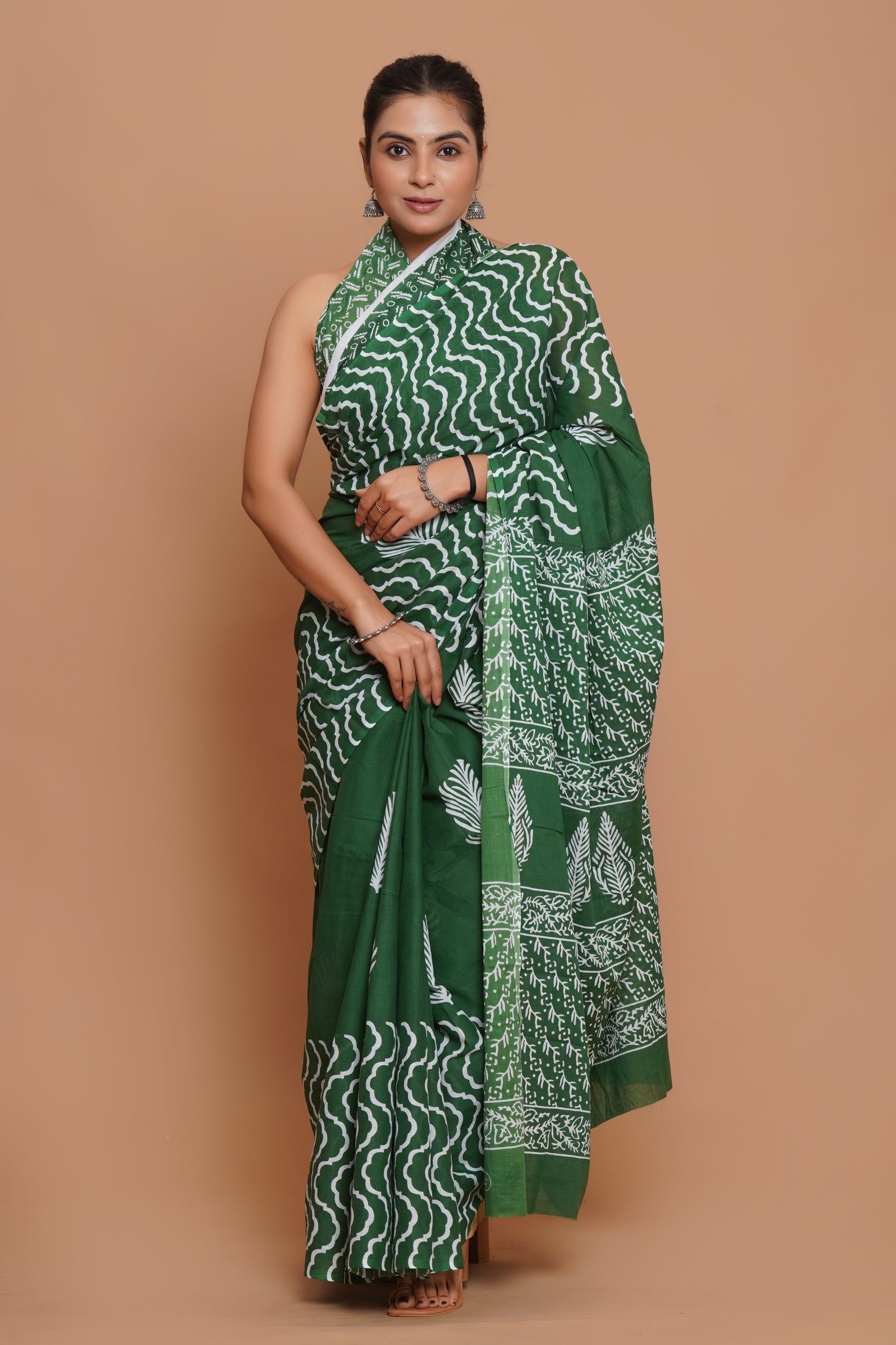 Bagru Print Mulmul Cotton Saree – Green Charm