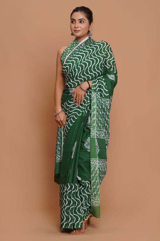 Bagru Print Mulmul Cotton Saree – Green Charm