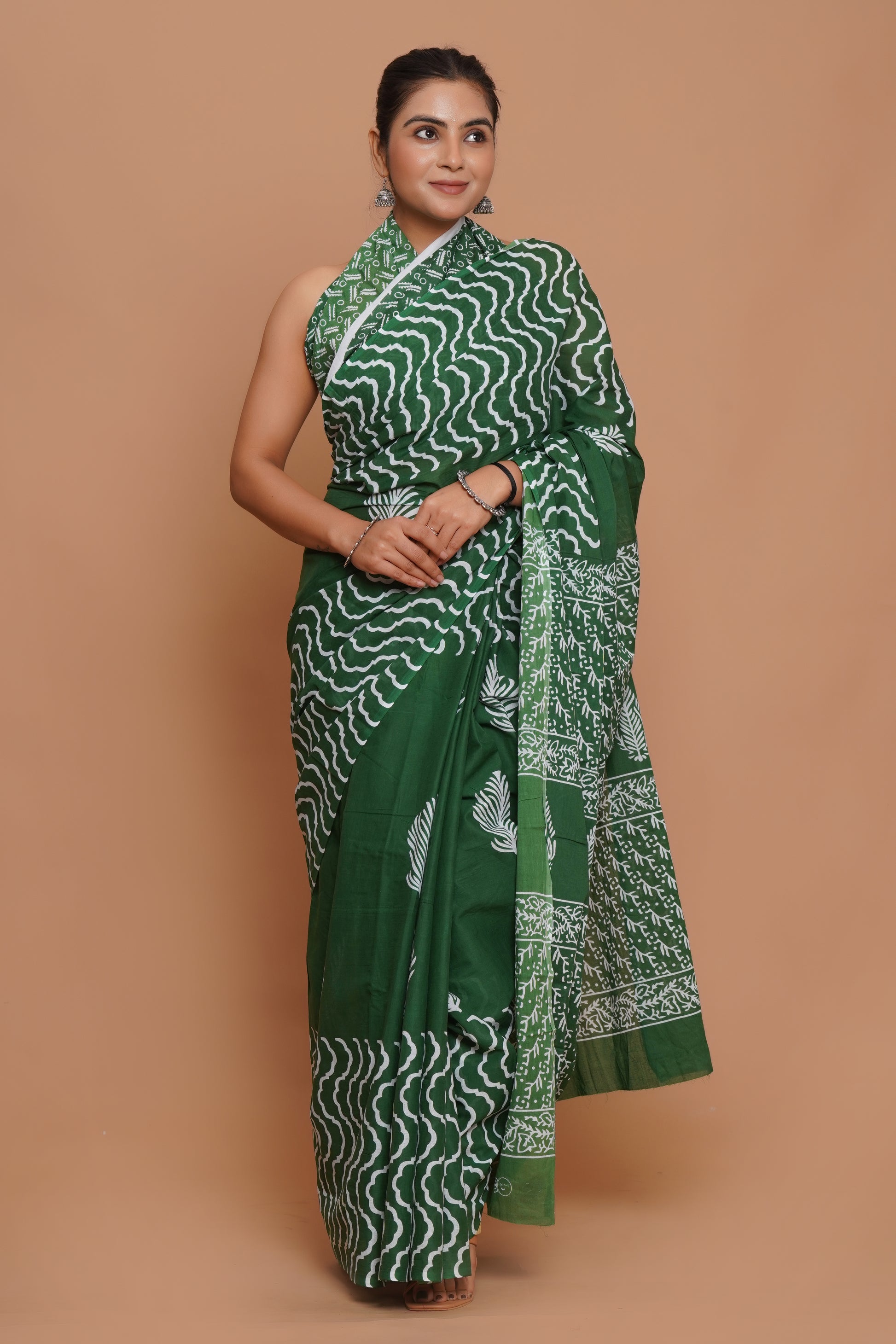 Bagru Print Mulmul Cotton Saree – Green Charm