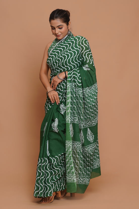 Bagru Print Mulmul Cotton Saree – Green Charm