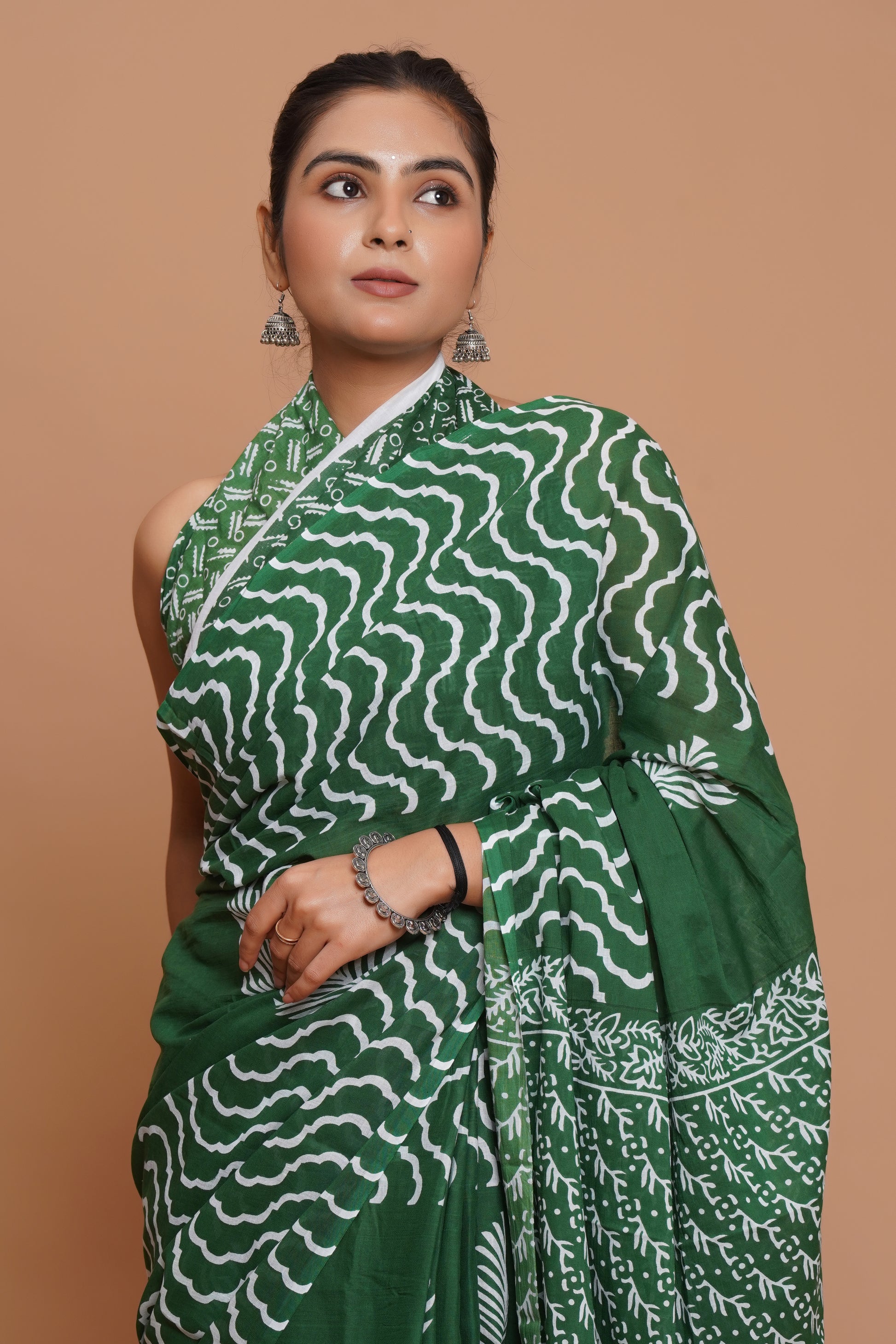 Bagru Print Mulmul Cotton Saree – Green Charm