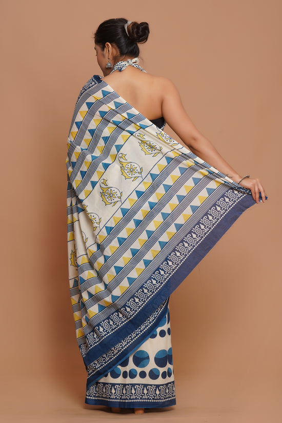 Bagru Print Mulmul Cotton Saree – Polka Dot Print