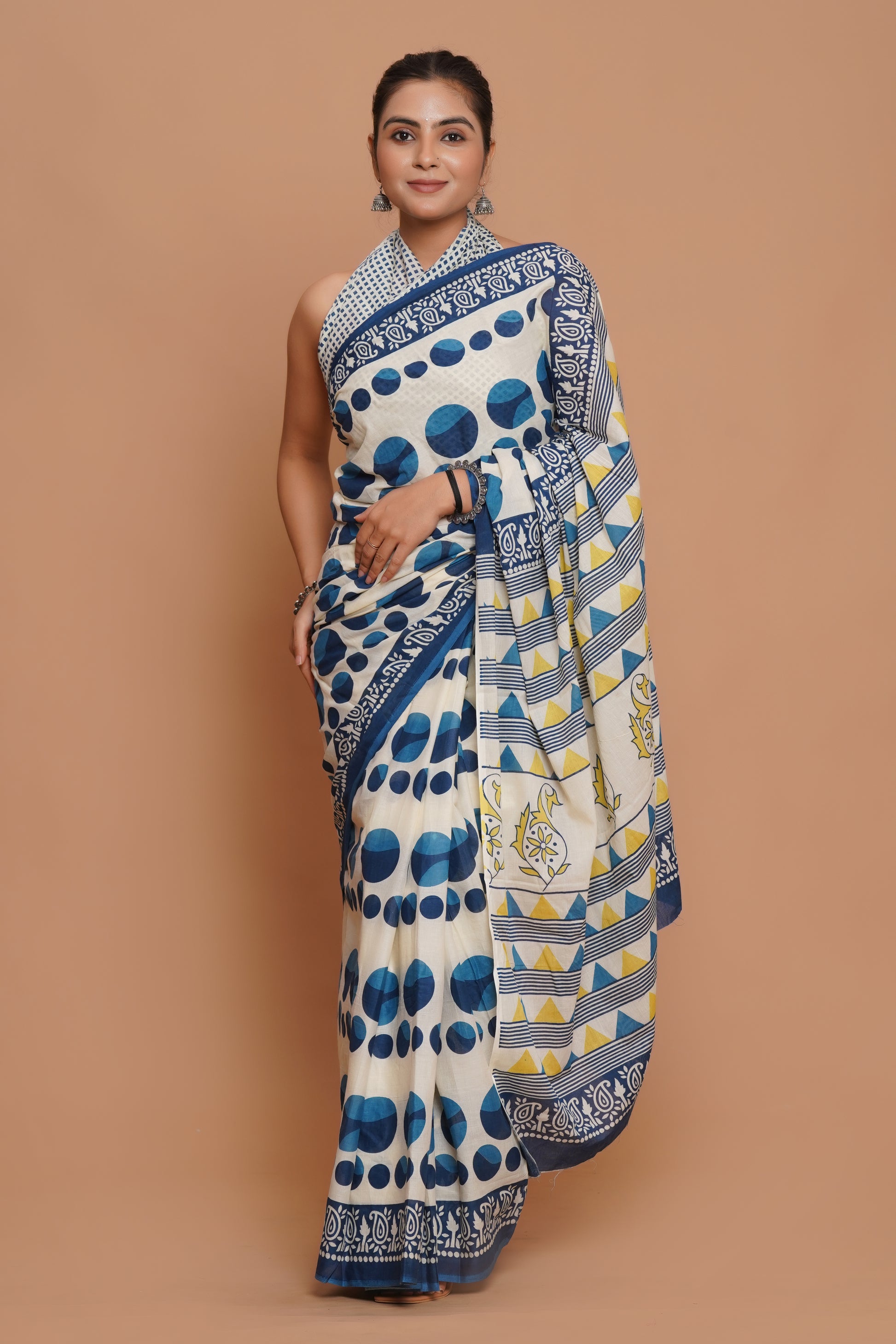 Bagru Print Mulmul Cotton Saree – Polka Dot Print