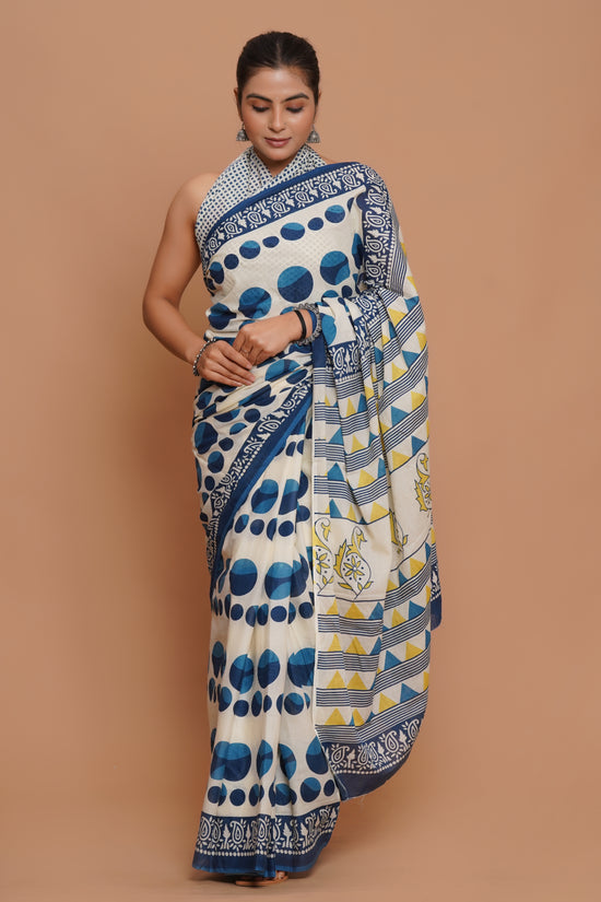 Bagru Print Mulmul Cotton Saree – Polka Dot Print