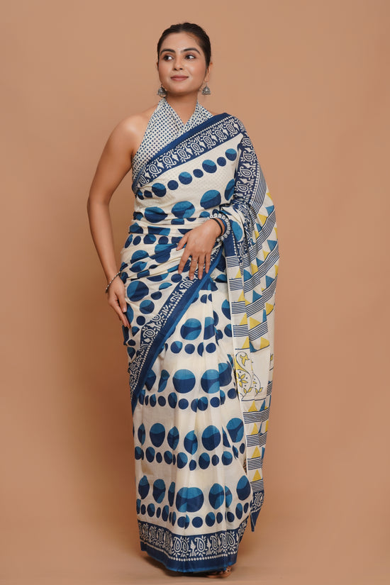 Bagru Print Mulmul Cotton Saree – Polka Dot Print
