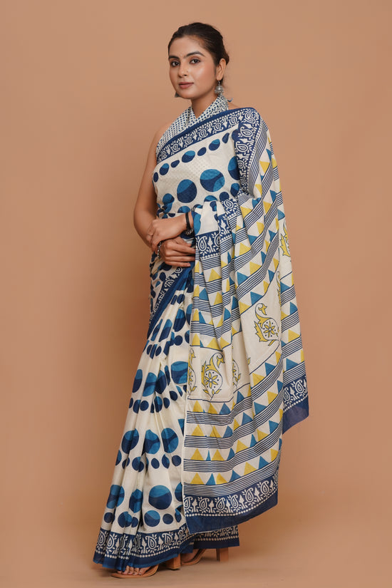 Bagru Print Mulmul Cotton Saree – Polka Dot Print