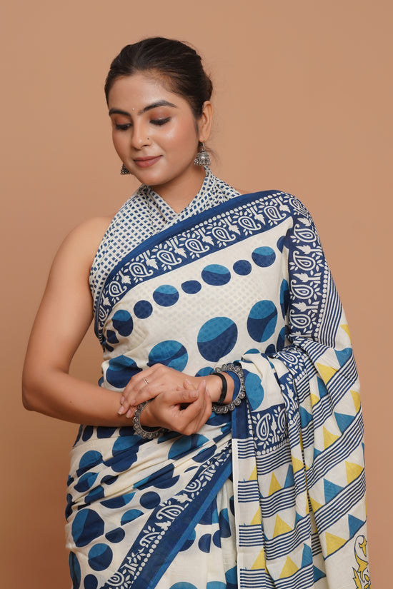 Bagru Print Mulmul Cotton Saree – Polka Dot Print