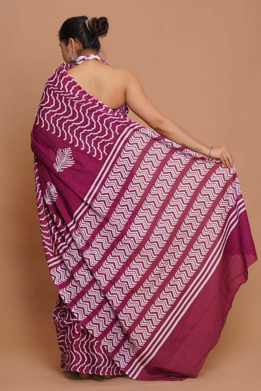 Bagru Print Mulmul Cotton Saree – Amethyst Flora