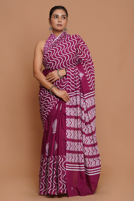 Bagru Print Mulmul Cotton Saree – Amethyst Flora