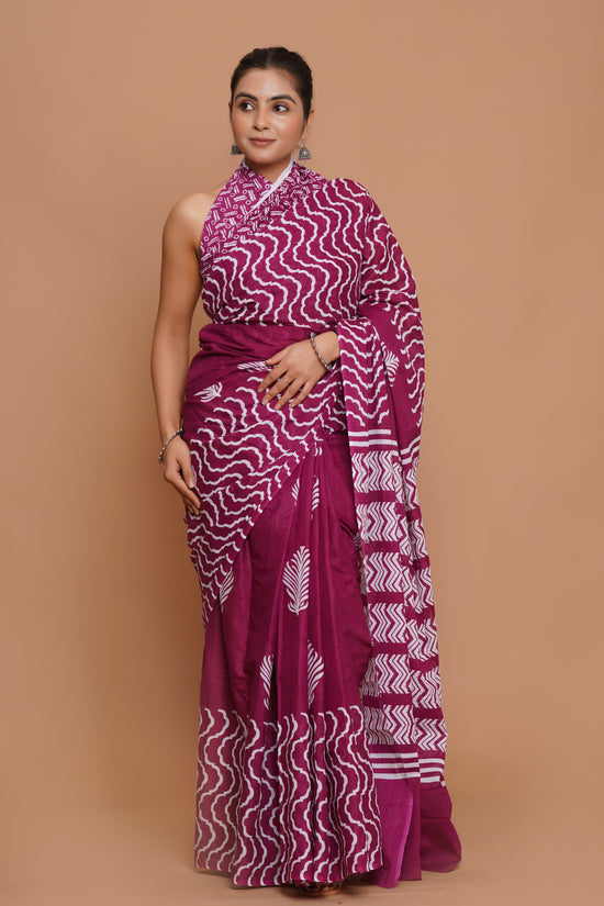 Bagru Print Mulmul Cotton Saree – Amethyst Flora