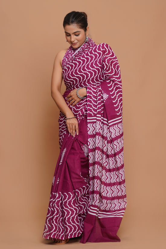Bagru Print Mulmul Cotton Saree – Amethyst Flora