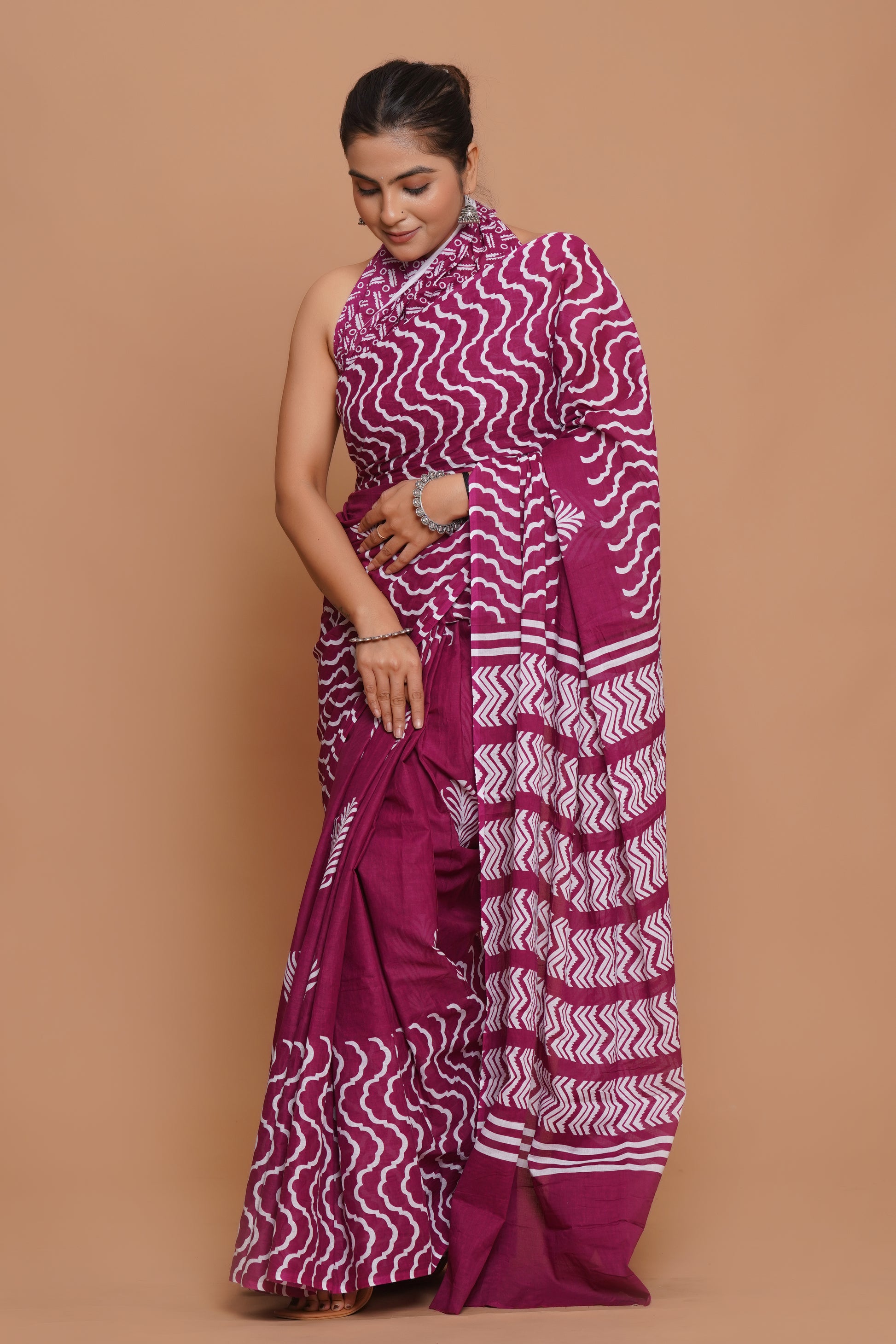 Bagru Print Mulmul Cotton Saree – Amethyst Flora