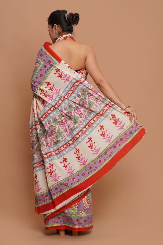 Bagru Print Mulmul Cotton Saree – Blush Harmony