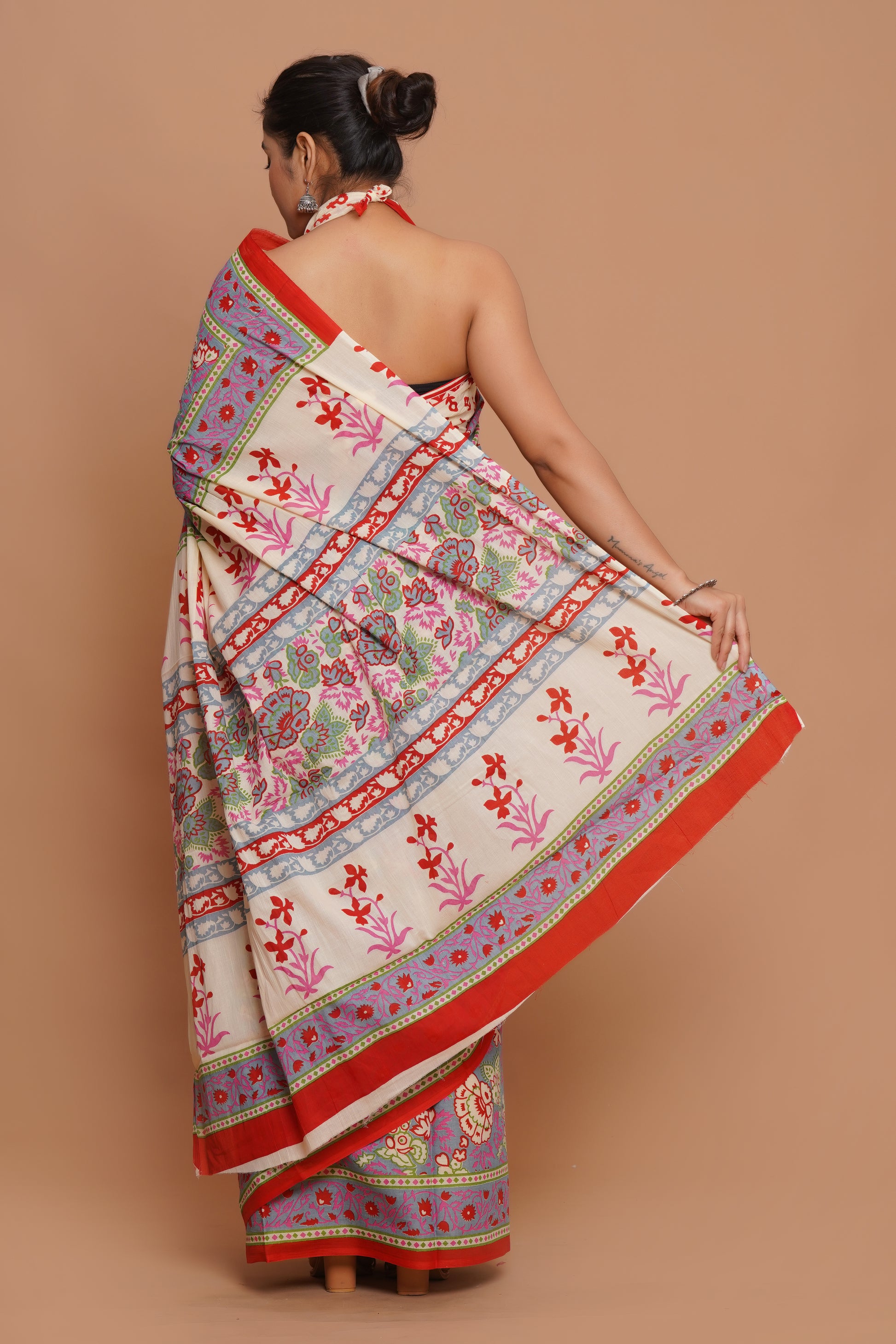 Bagru Print Mulmul Cotton Saree – Blush Harmony