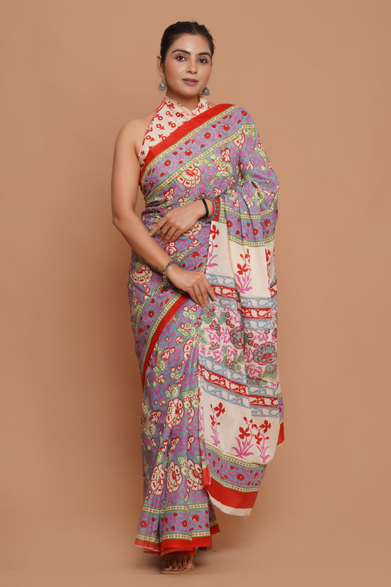 Bagru Print Mulmul Cotton Saree – Blush Harmony