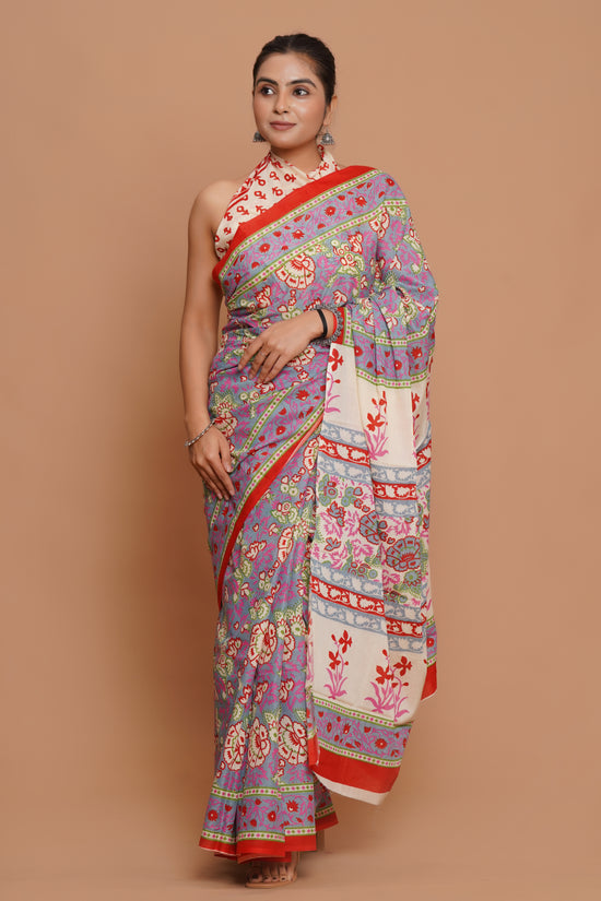 Bagru Print Mulmul Cotton Saree – Blush Harmony