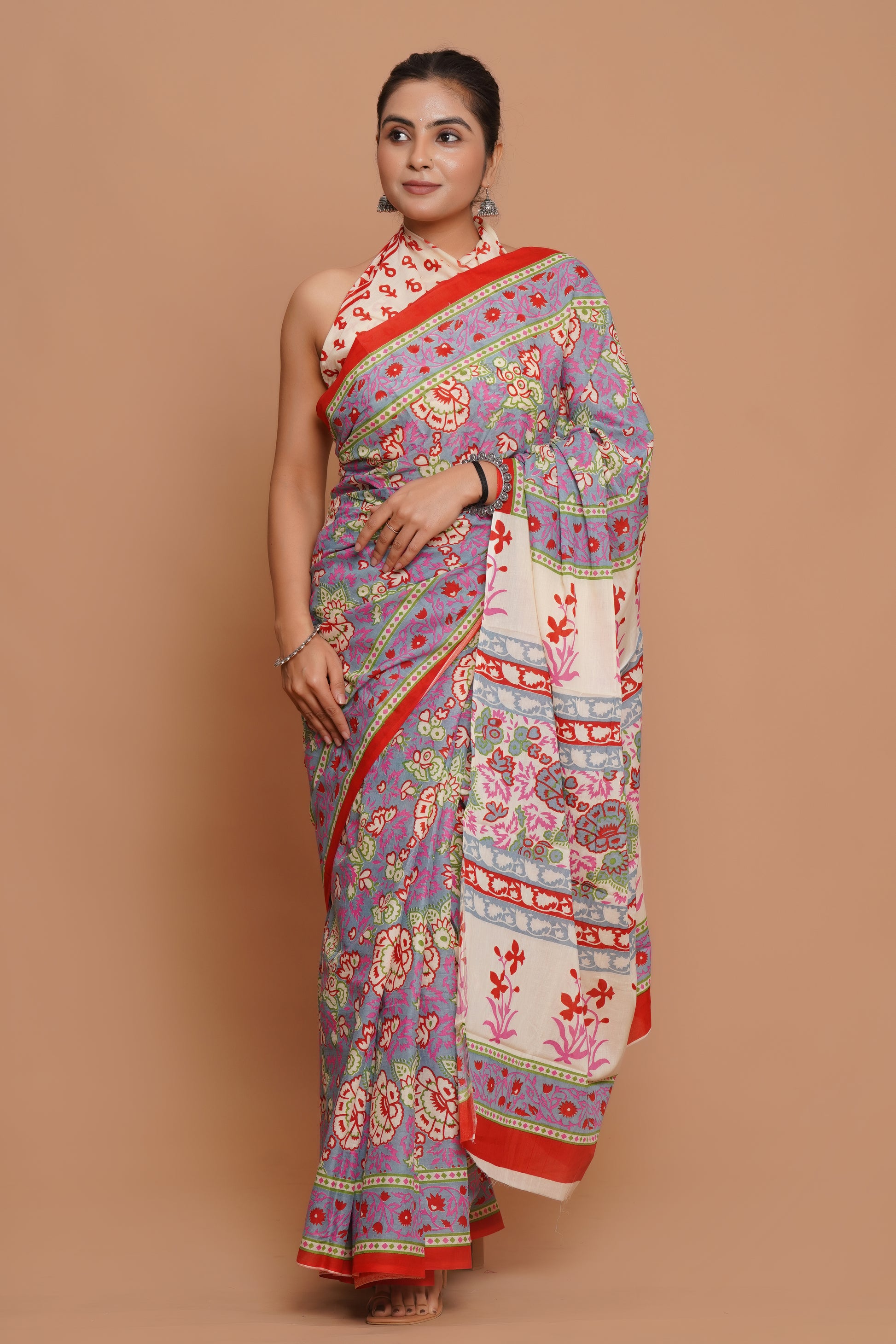 Bagru Print Mulmul Cotton Saree – Blush Harmony