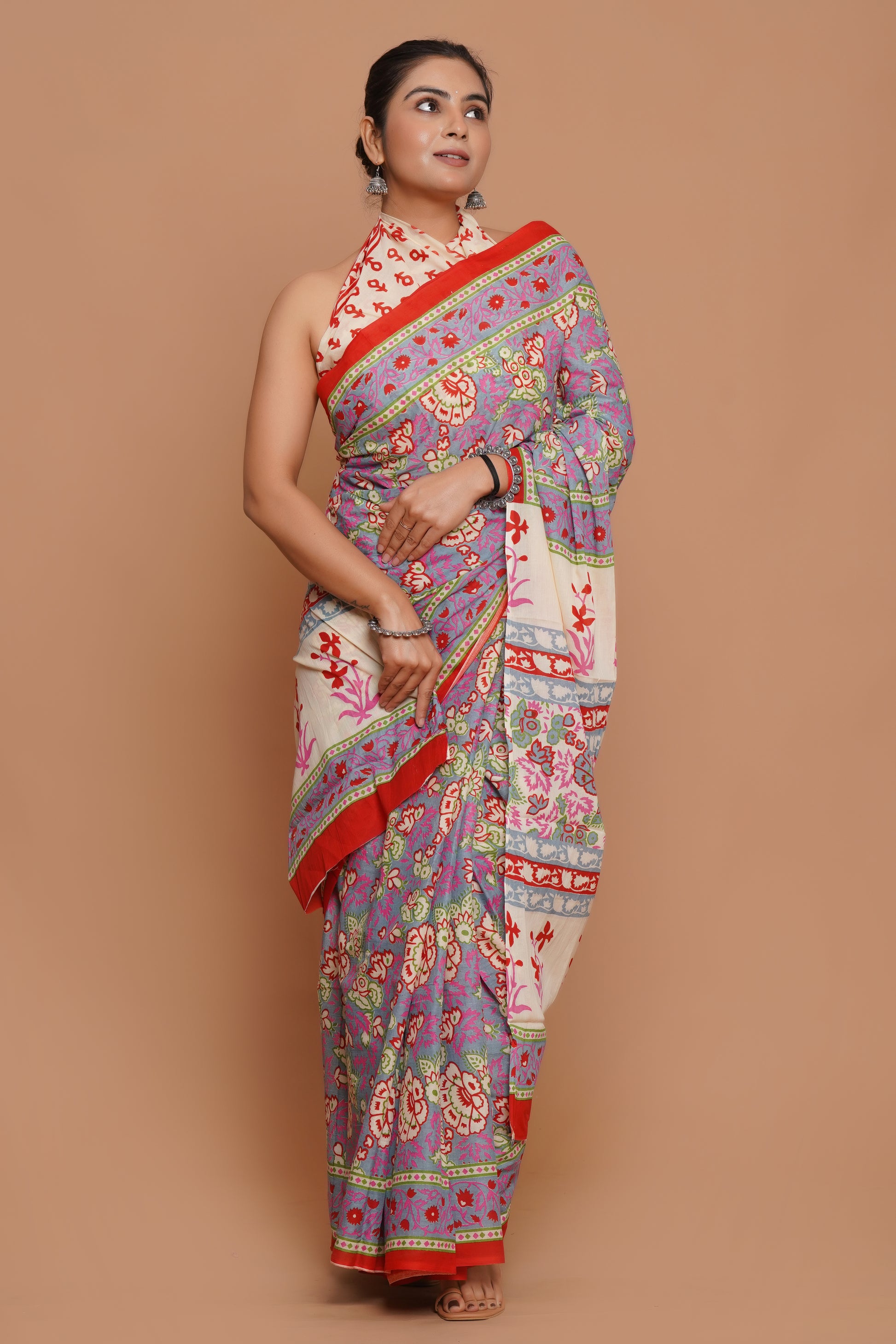 Bagru Print Mulmul Cotton Saree – Blush Harmony
