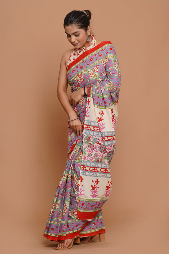 Bagru Print Mulmul Cotton Saree – Blush Harmony