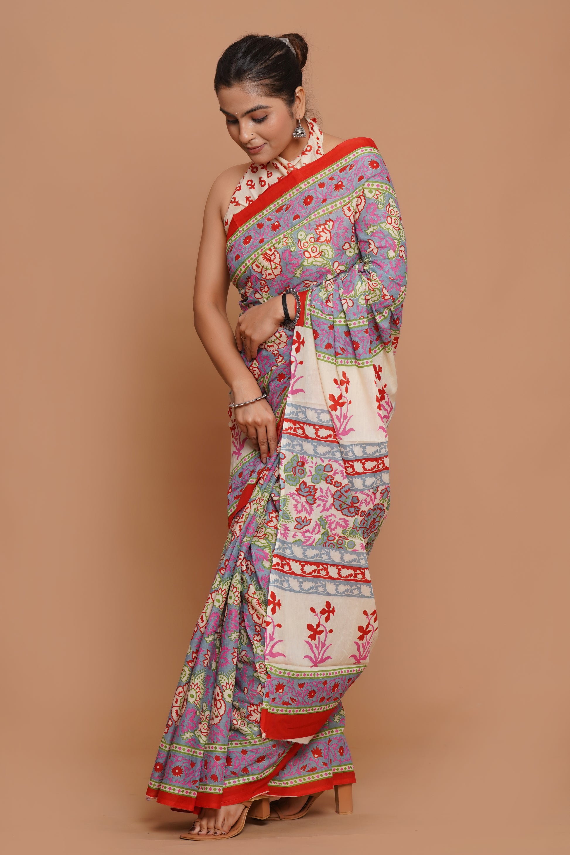 Bagru Print Mulmul Cotton Saree – Blush Harmony