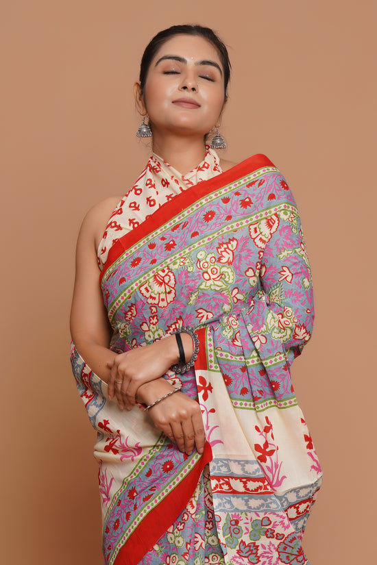 Bagru Print Mulmul Cotton Saree – Blush Harmony