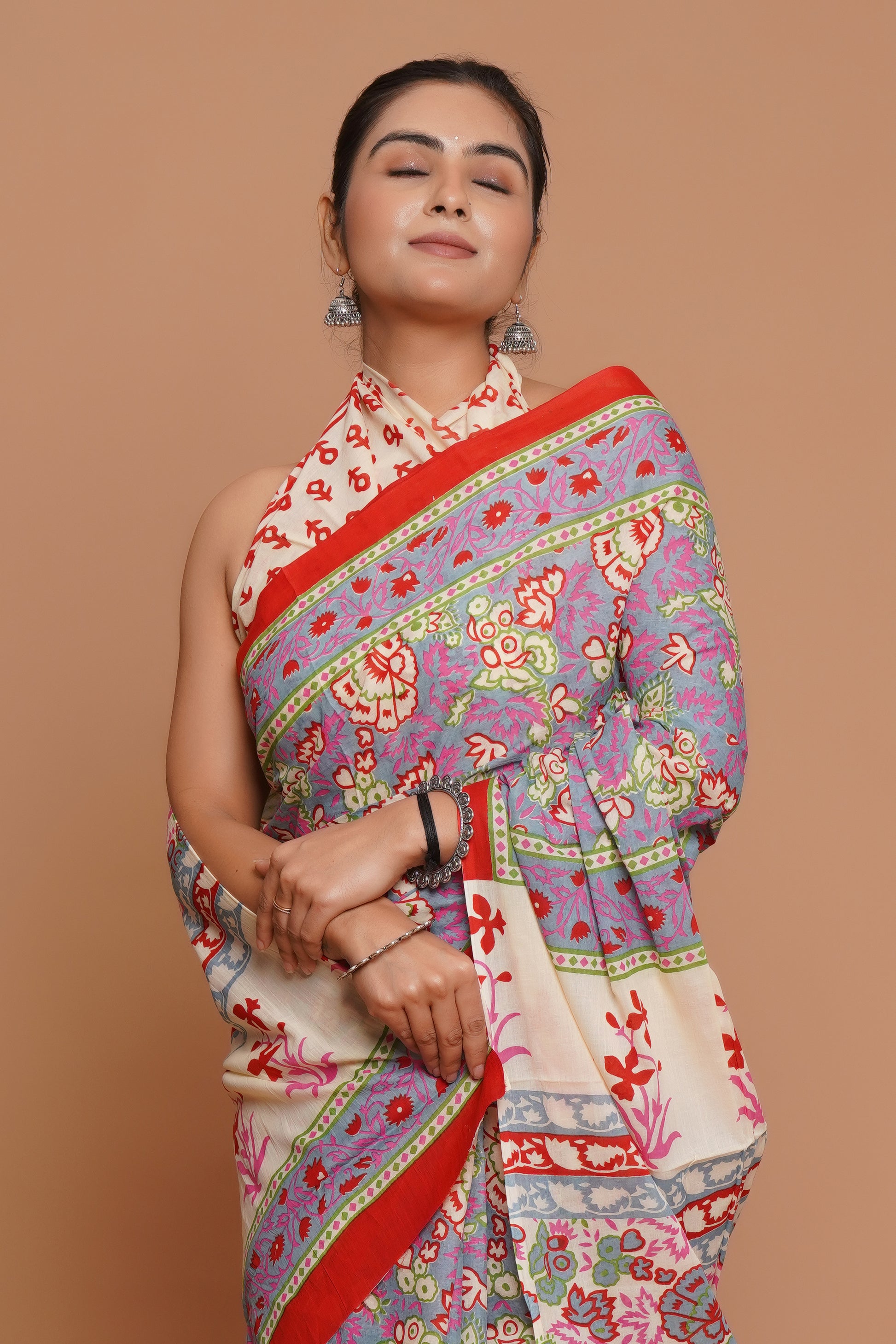 Bagru Print Mulmul Cotton Saree – Blush Harmony