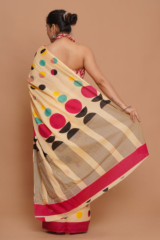 Bagru Print Mulmul Cotton Saree – Blush Harmony