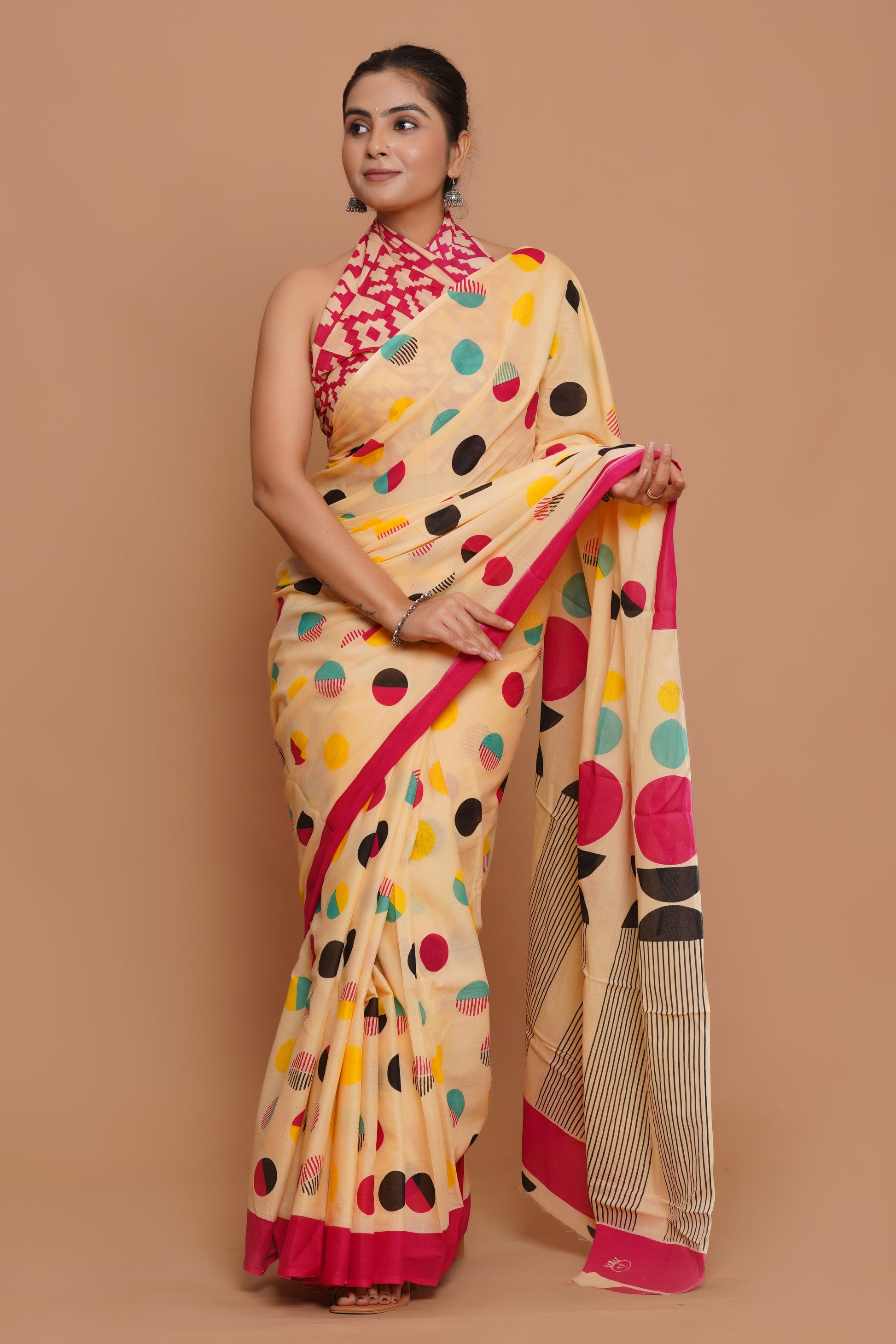 Bagru Print Mulmul Cotton Saree – Blush Harmony