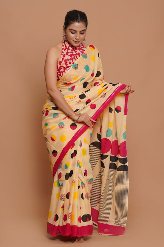 Bagru Print Mulmul Cotton Saree – Blush Harmony