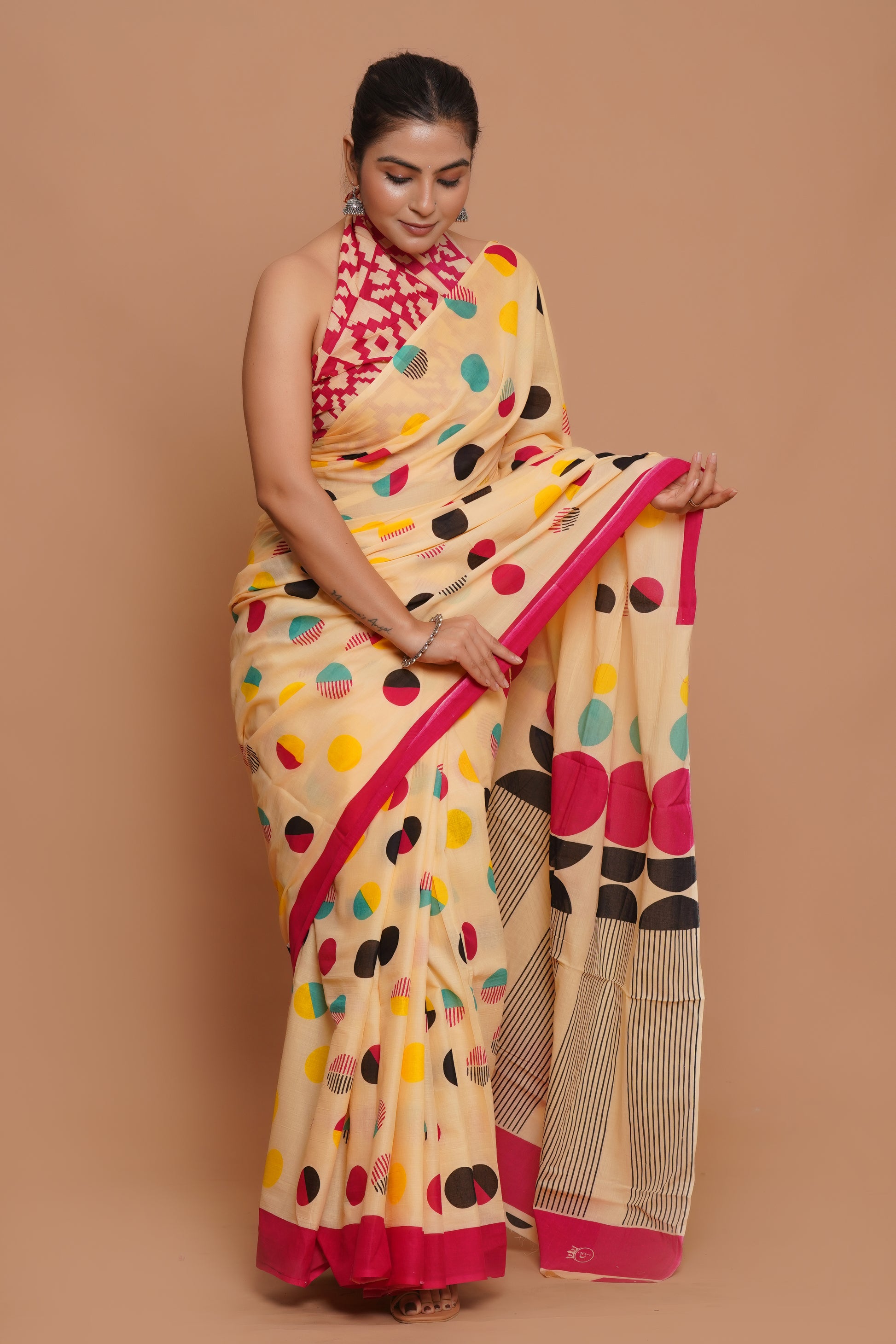 Bagru Print Mulmul Cotton Saree – Blush Harmony