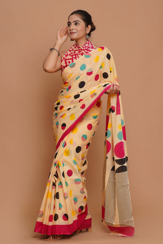 Bagru Print Mulmul Cotton Saree – Blush Harmony