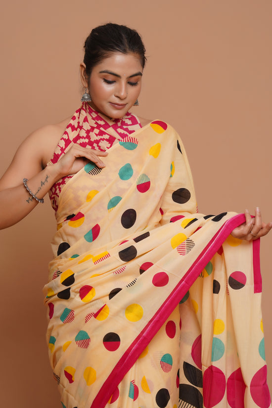 Bagru Print Mulmul Cotton Saree – Blush Harmony