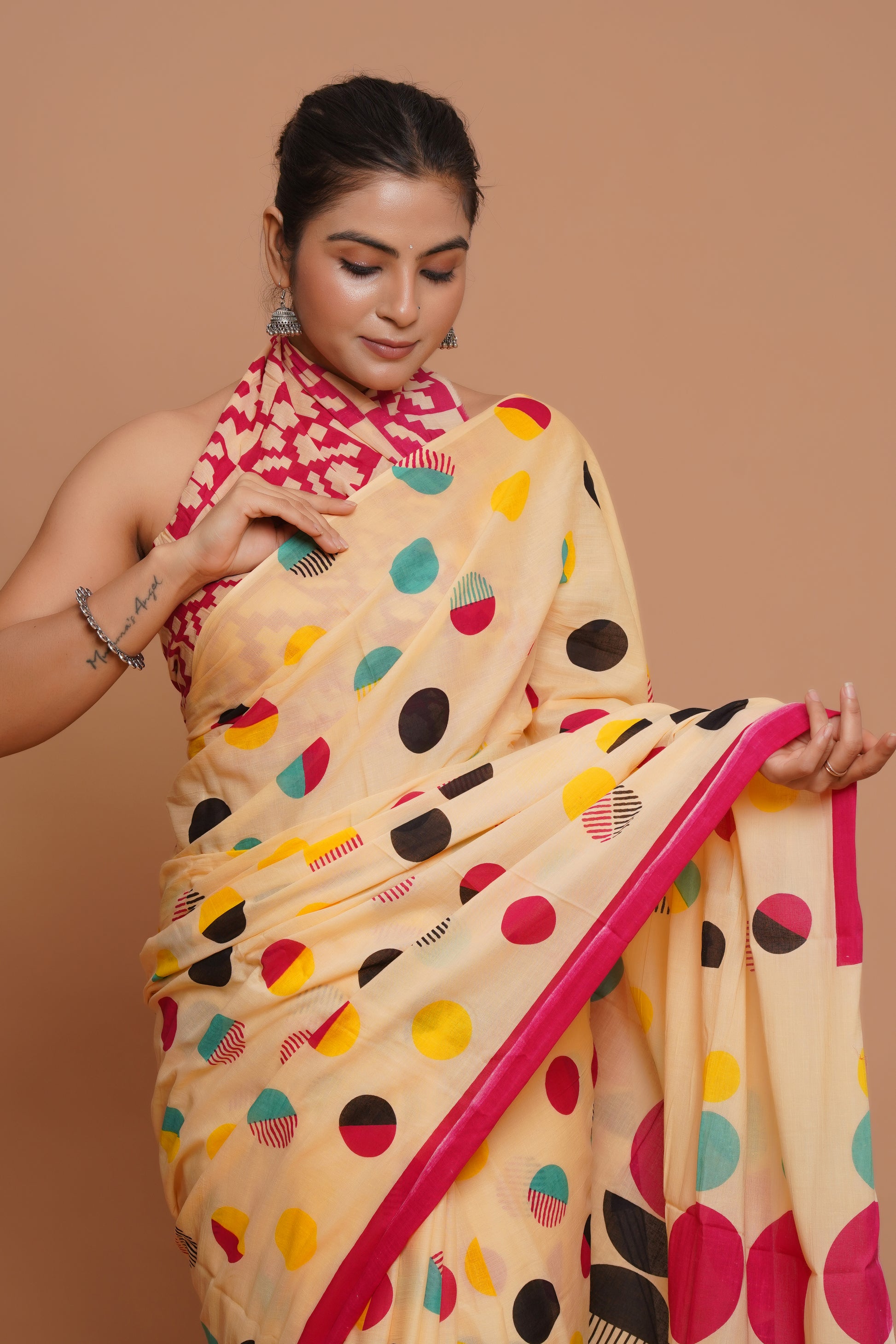 Bagru Print Mulmul Cotton Saree – Blush Harmony