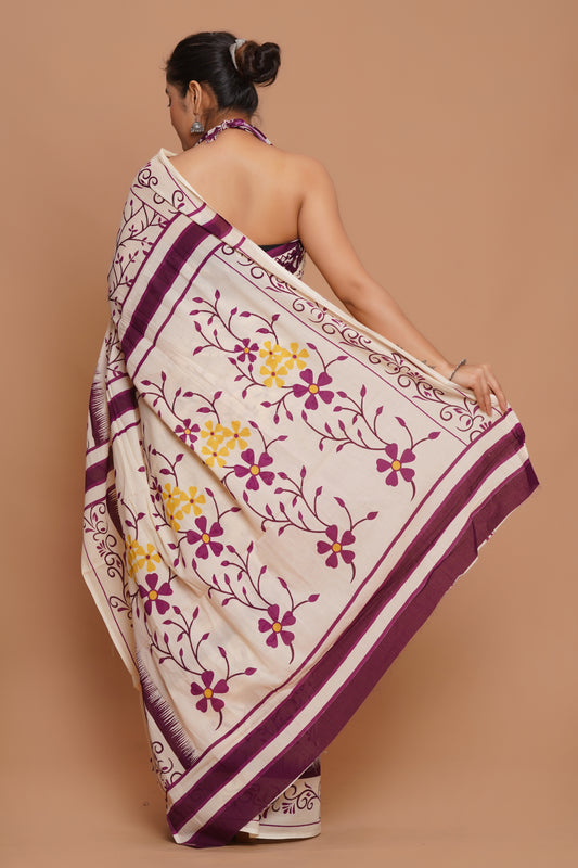 Bagru Print Mulmul Cotton Saree – Amethyst Flora