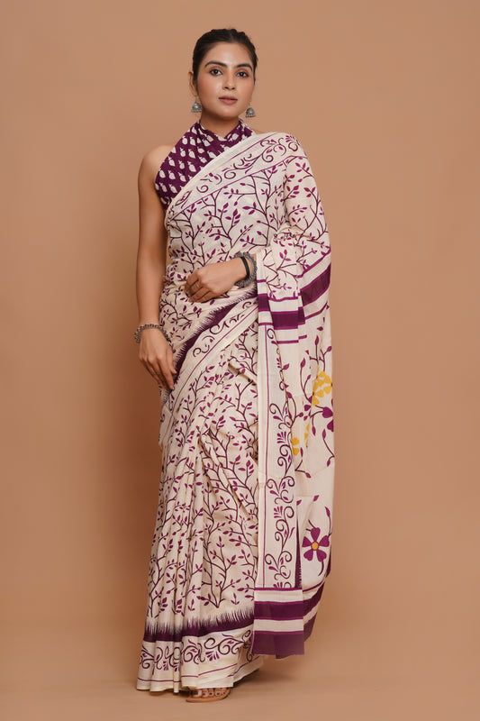 Bagru Print Mulmul Cotton Saree – Amethyst Flora