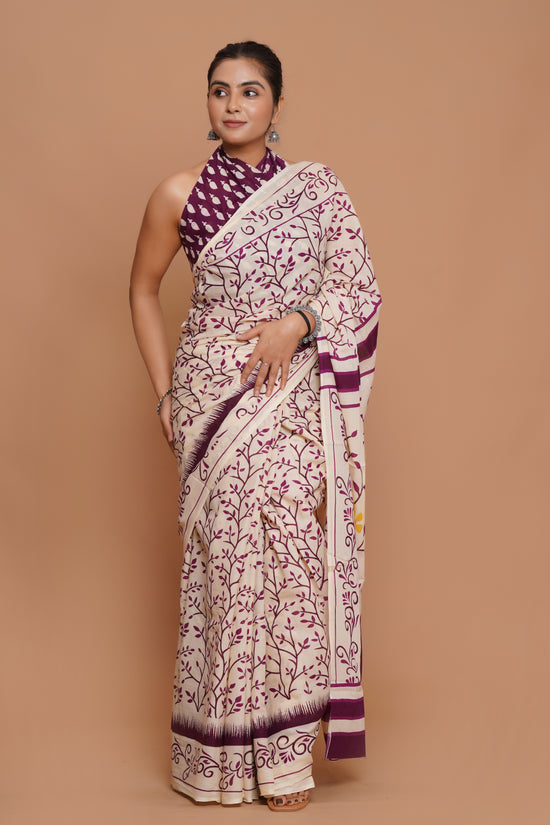 Bagru Print Mulmul Cotton Saree – Amethyst Flora