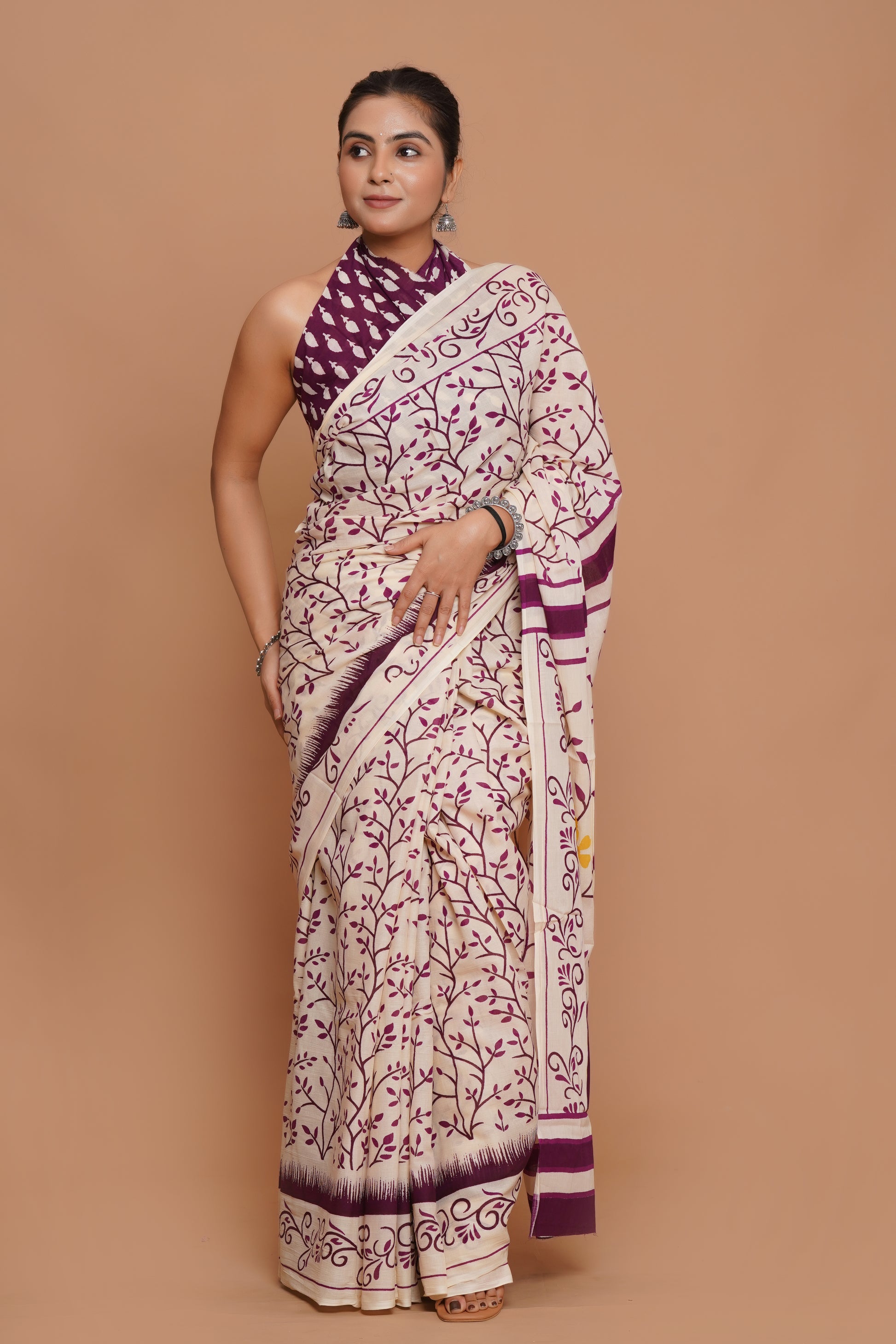 Bagru Print Mulmul Cotton Saree – Amethyst Flora