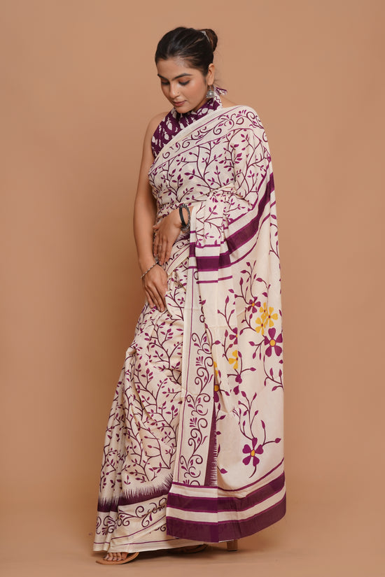 Bagru Print Mulmul Cotton Saree – Amethyst Flora