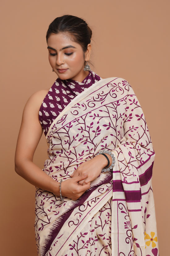 Bagru Print Mulmul Cotton Saree – Amethyst Flora