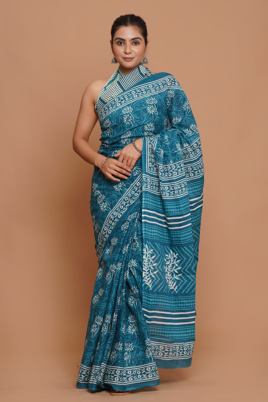 Bagru Print Mulmul Cotton Saree – Sky Grove