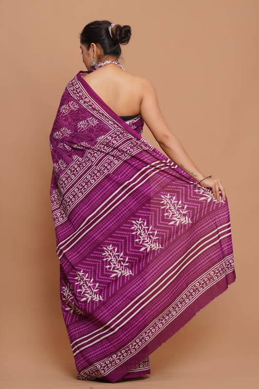 Bagru Print Mulmul Cotton Saree – Violet Grove