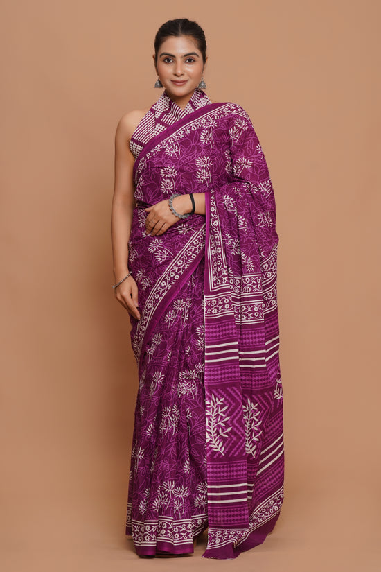 Bagru Print Mulmul Cotton Saree – Violet Grove