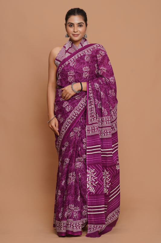Bagru Print Mulmul Cotton Saree – Violet Grove