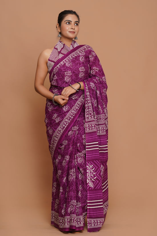 Bagru Print Mulmul Cotton Saree – Violet Grove