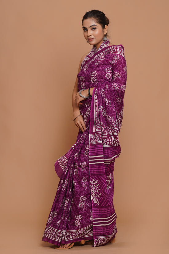 Bagru Print Mulmul Cotton Saree – Violet Grove